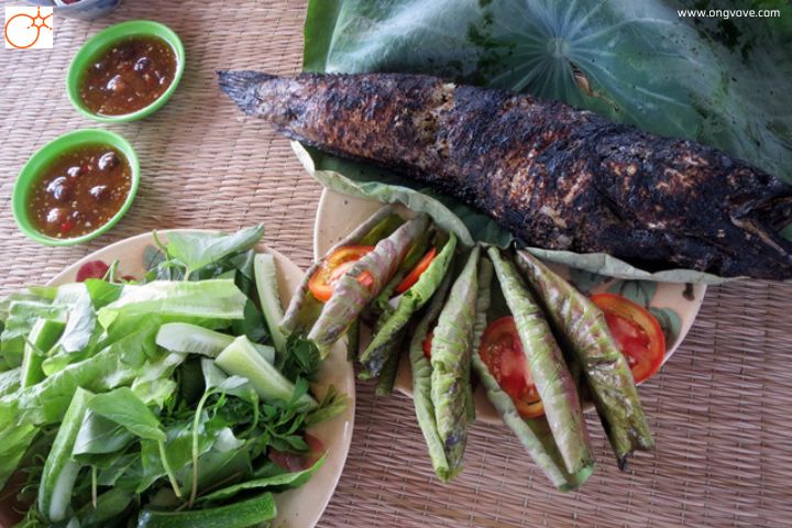 Cá lóc nướng cuốn lá sen non