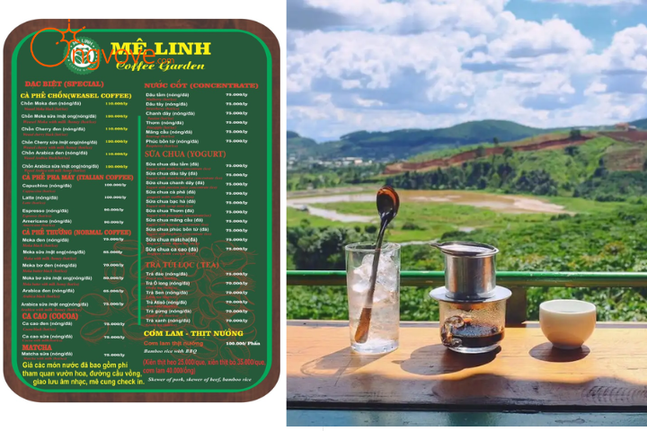 Menu tại Cafe Mê Linh Đà Lạt